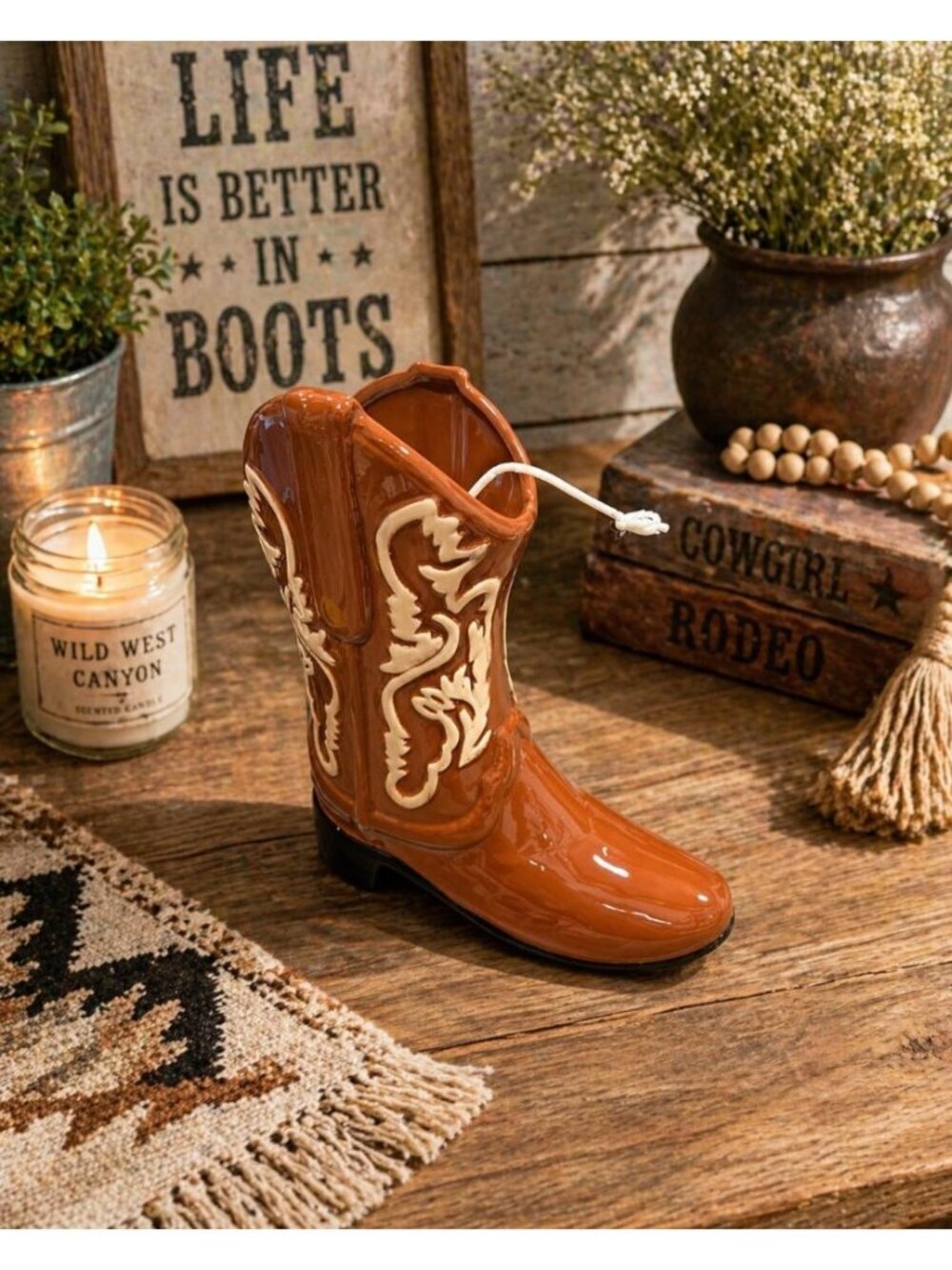 New Ceramic Desert Wood Cowboy Boot Brown Country Novelty Candle Room Decor